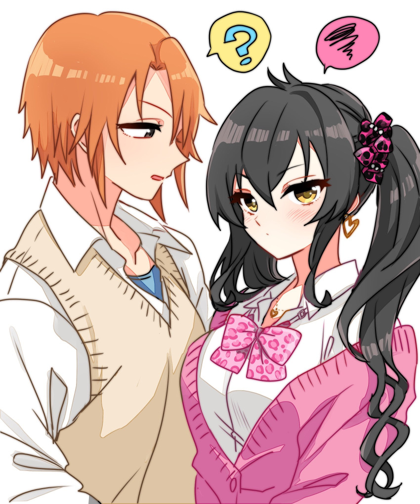 2girls ? aged_up animal_print black_hair blush bow bowtie breasts brown_eyes brown_vest cardigan commentary_request dot_mouth earrings gyaru hair_between_eyes hair_ornament hair_scrunchie heart heart_earrings heart_necklace highres idolmaster idolmaster_cinderella_girls jewelry large_breasts leopard_print long_hair long_sleeves looking_at_another looking_at_viewer matoba_risa multiple_girls necklace open_collar orange_hair parted_lips pink_bow pink_bowtie pink_cardigan pink_scrunchie scrunchie shirt short_hair sidelocks spoken_question_mark spoken_squiggle squiggle sukoyaka_(100hituzi) tomboy twintails upper_body vest white_background white_shirt yellow_eyes yuuki_haru