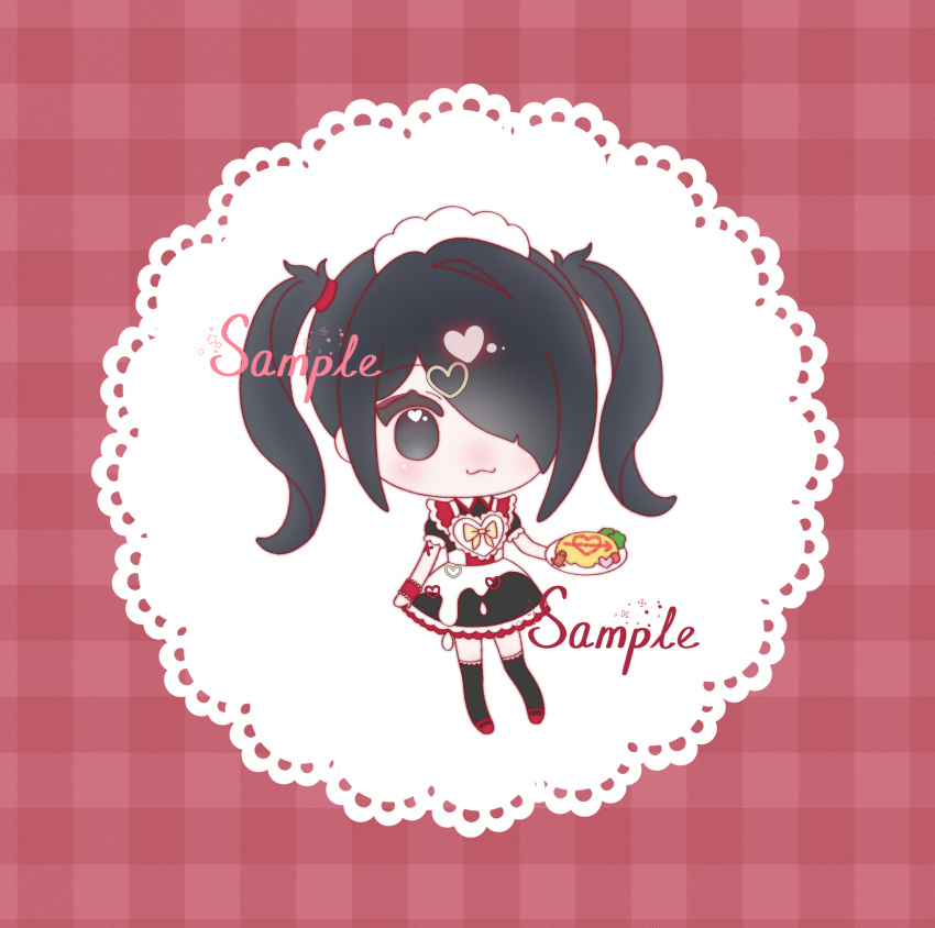 1girl :3 absurdres ame-chan_(needy_girl_overdose) apron black_dress black_eyes black_hair chibi chinese_commentary commentary_request dress food frilled_dress frills full_body hair_over_one_eye highres holding holding_plate huai_an_(wenfeiqing213) long_hair looking_at_viewer maid maid_headdress needy_girl_overdose omelet omurice plate red_background sample_watermark smile solo standing sweets_paradise twintails watermark