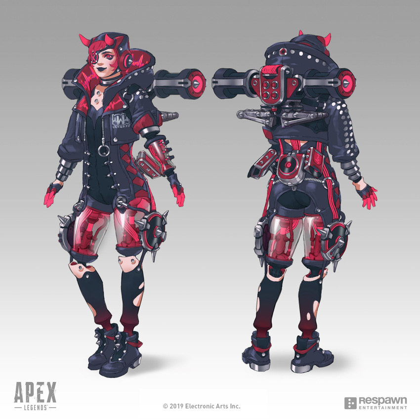 1girl apex_legends black_bodysuit black_footwear black_jacket black_lips bodysuit boots concept_art cyber_punked_wattson electronic_arts english_commentary grey_background highres hood hood_down hooded_jacket horns jacket logo mechanical_legs multiple_views official_alternate_costume official_art one_eye_covered production_art red_eyes red_hair reference_sheet respawn_entertainment silver_choker smile wattson_(apex_legends) yang_niangniang