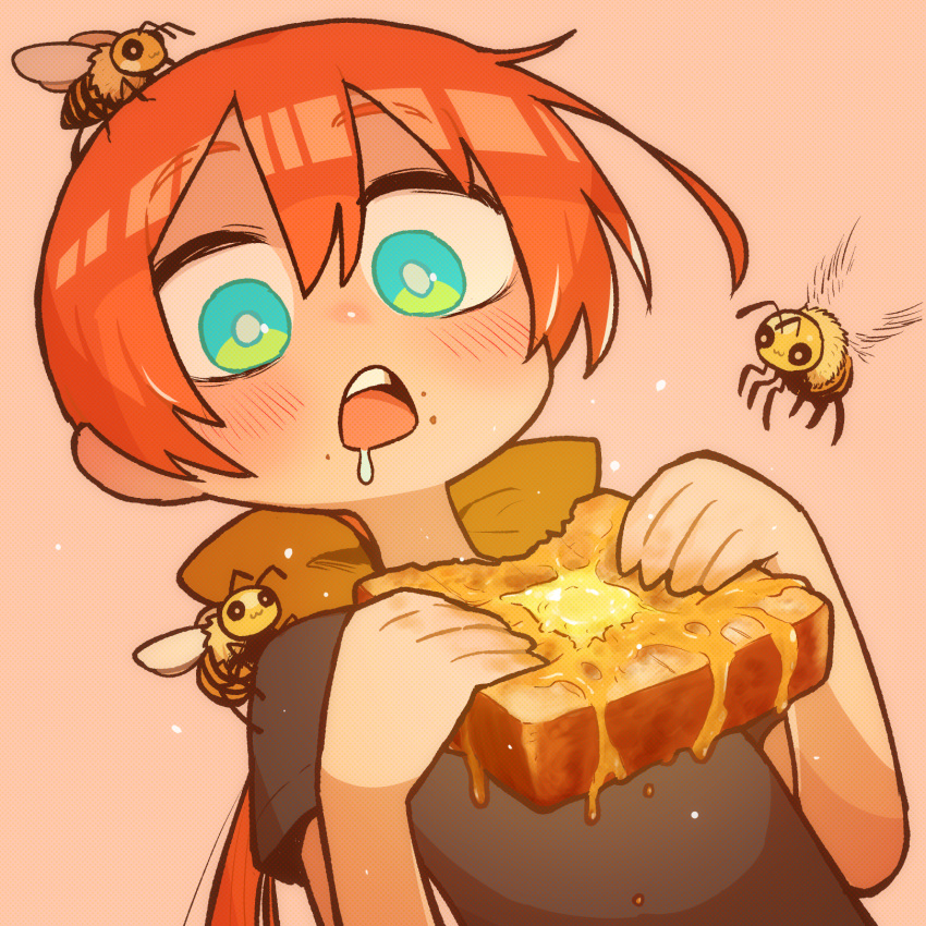 1girl bee blue_eyes blush bow bread bread_slice bug butter drooling food hair_bow highres holding holding_food honey long_hair low_ponytail mouth_drool orange_background orange_hair original shirt short_sleeves solo t-shirt takurada teeth toast upper_body upper_teeth_only