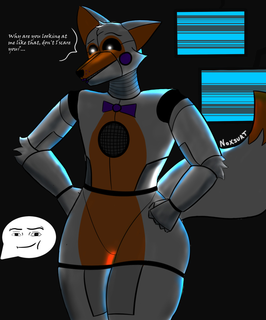 animatronic anthro femboy five_nights_at_freddy's five_nights_at_freddy's_world hi_res humanoid lolbit_(fnaf) machine male noxsurt rear_view roblox_man_face robot scottgames sister_location solo talking_to_viewer white_body
