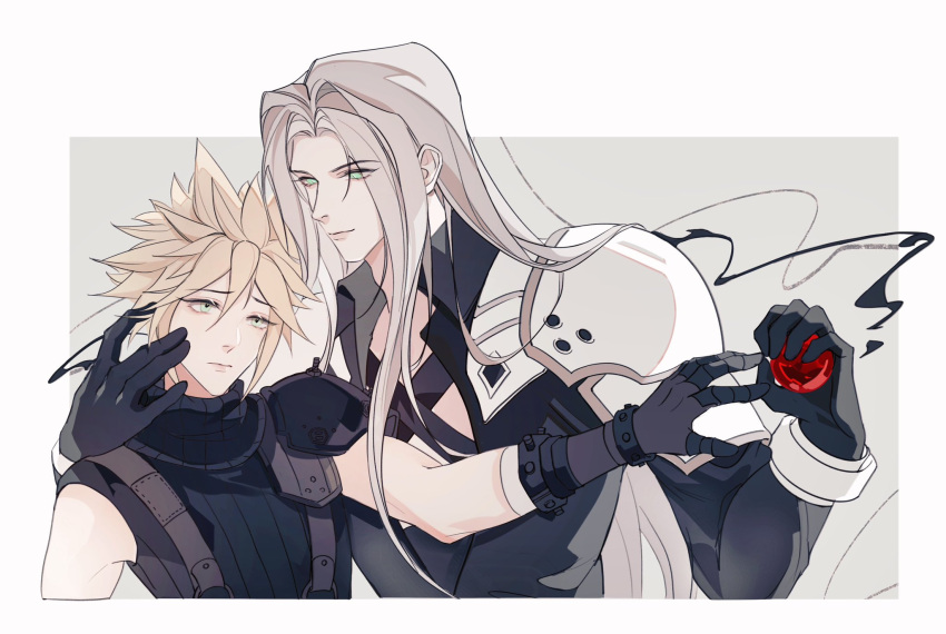 2boys armor black_coat black_gloves black_materia black_sweater blonde_hair bracer chest_strap cloud_strife coat final_fantasy final_fantasy_vii final_fantasy_vii_rebirth final_fantasy_vii_remake gloves green_eyes grey_background grey_hair hand_on_another's_cheek hand_on_another's_face hands_up highres holding_orb light_smile long_bangs long_hair long_sleeves looking_at_another looking_down male_focus materia multiple_boys parted_bangs pauldrons sephiroth short_hair shoulder_armor simple_background single_pauldron sleeveless sleeveless_sweater sleeveless_turtleneck spiked_hair suspenders sweater turtleneck turtleneck_sweater upper_body wxdctc