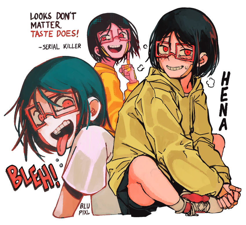 1girl bandaid bandaid_on_face black_hair blupixl blush character_name english_text grin hena_(blupixl) highres hood hood_down hoodie index_finger_raised indian_style long_sleeves multiple_views open_mouth original own_hands_clasped own_hands_together red-framed_eyewear red_eyes shoes short_hair short_sleeves shorts sitting smile sneakers sweat teeth tongue tongue_out