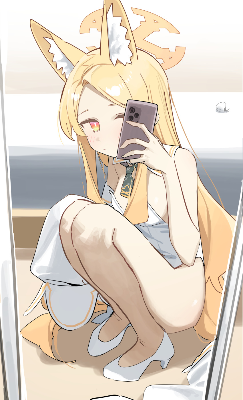 1girl absurdres alternate_costume animal_ear_fluff animal_ears bare_legs bird blonde_hair blue_archive breasts cellphone cleavage halo highres holding holding_phone leotard long_hair looking_at_viewer mirror phone playboy_bunny red_eyes seia_(blue_archive) selfie shoes small_breasts solo squatting syhan thighs two-tone_eyes white_footwear white_leotard yellow_eyes yellow_halo