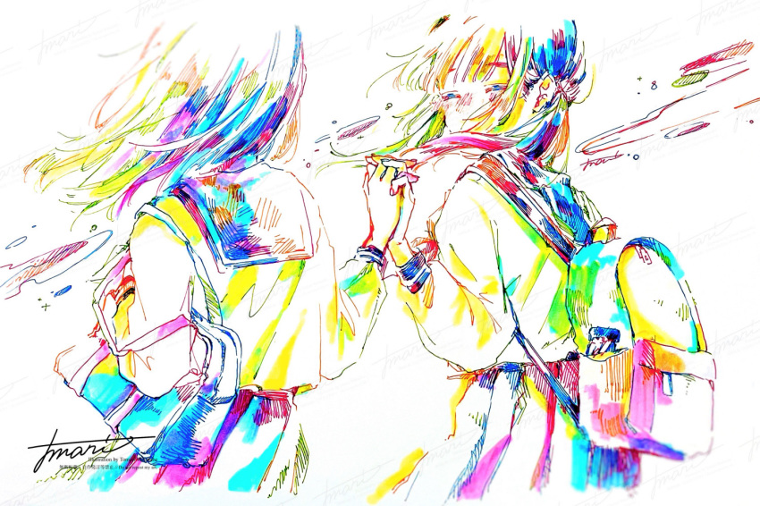 2girls artist_name backpack bag blush colorful from_behind hatching_(texture) holding_hands long_hair long_sleeves looking_at_another multiple_girls original pleated_skirt sailor_collar sailor_shirt school_bag school_uniform serafuku shirt shoulder_bag signature skirt upper_body watanabe_tomari watermark white_background wind yuri