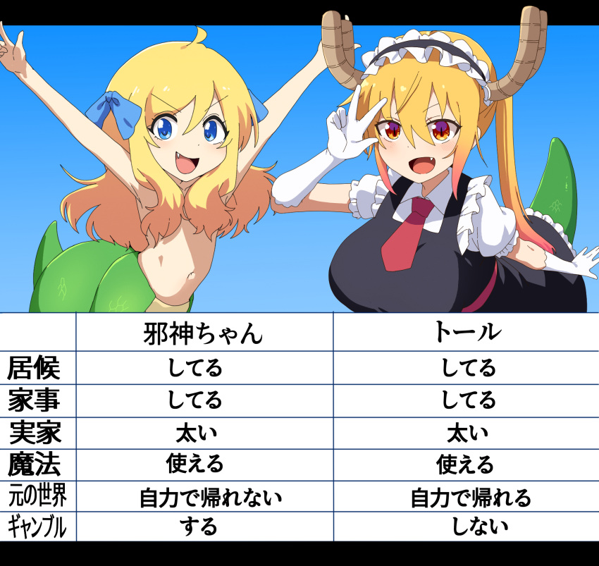 2girls :d arms_up black_dress blonde_hair blue_bow bow breasts brown_horns commentary_request cowboy_shot crossover dragon_tail dress fang fuka_(kantoku) gloves gradient_hair hair_between_eyes hair_bow hair_over_breasts highres horns jashin-chan jashin-chan_dropkick kobayashi-san_chi_no_maidragon lamia large_breasts letterboxed long_bangs long_hair looking_at_viewer maid maid_headdress medium_bangs monster_girl multicolored_hair multiple_girls navel necktie open_mouth orange_eyes pinafore_dress pink_hair puffy_short_sleeves puffy_sleeves red_necktie short_sleeves sleeveless sleeveless_dress slit_pupils smile tail tohru_(maidragon) translation_request twintails v-shaped_eyebrows w white_gloves
