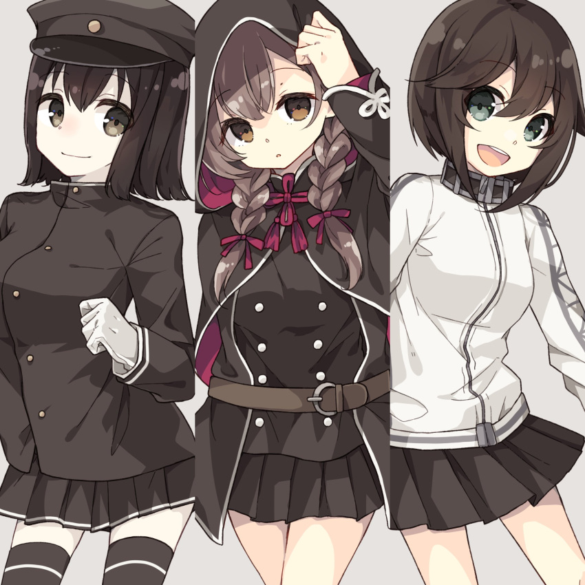 3girls akitsu_maru_(kancolle) belt black_hair black_jacket black_skirt black_socks blue_eyes braid breasts brown_belt brown_eyes brown_hair choker closed_mouth commentary_request cowboy_shot gloves grey_background hayasui_(kancolle) highres hood hooded_jacket jacket kantai_collection kneehighs kurasaki_cosmos long_hair medium_breasts medium_hair military_uniform miniskirt multiple_girls open_mouth pleated_skirt red_choker shinshuu_maru_(kancolle) simple_background skirt smile socks teeth track_jacket twin_braids uniform upper_teeth_only white_gloves white_jacket yellow_eyes