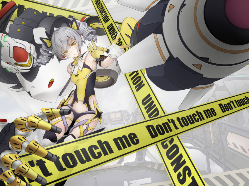 arm_guards armor armored_leotard armpits bangs blush bow breasts bronya_zaychik caution_tape character_name closed_mouth commentary_request crossed_bangs detached_arms drill_hair elevator eyebrows_visible_through_hair floating gloves hair_between_eyes hair_bow hair_ribbon head_tilt highres honkai_impact indoors leotard long_hair looking_at_viewer mechanical_arms ribbon robot sidelocks silver_hair small_breasts solo thigh_strap thighhighs torayuki twin_drills twintails under_construction yamabuki_armor yellow_eyes