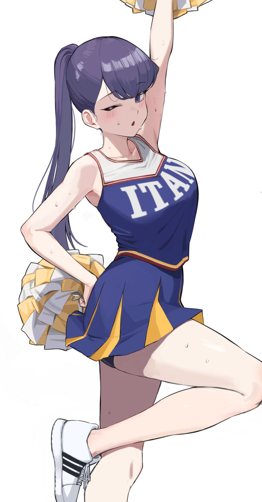 1girl ;o absurdres arm_up ayatak0517 bare_legs bike_shorts bike_shorts_under_skirt blush breasts cheerleader collarbone highres holding holding_pom_poms komi-san_wa_komyushou_desu komi_shouko large_breasts long_hair looking_at_viewer miniskirt one_eye_closed pom_pom_(cheerleading) ponytail purple_hair shoes simple_background skirt sneakers solo standing standing_on_one_leg sweat very_long_hair white_background