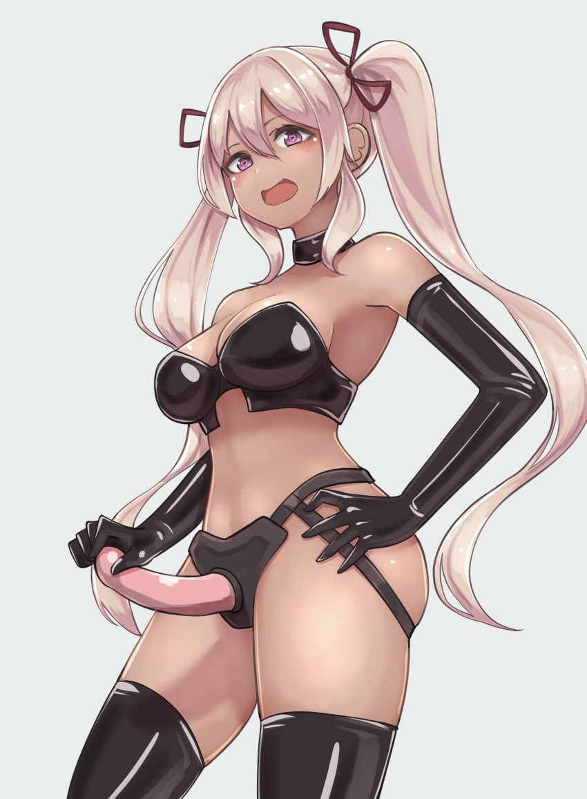 1girl :d absurdres bare_shoulders black_bustier black_collar black_gloves black_thighhighs blonde_hair breasts bustier collar dakini_(kamikatsu) dark-skinned_female dark_skin dildo elbow_gloves gloves hair_between_eyes hair_ribbon hand_on_own_hip heart heart-shaped_pupils highres kaminaki_sekai_no_kamisama_katsudou kikiu_bd latex latex_gloves latex_thighhighs looking_at_viewer medium_breasts no_navel pink_hair purple_eyes red_ribbon ribbon sex_toy simple_background smile solo stomach strap-on symbol-shaped_pupils thighhighs twintails white_background