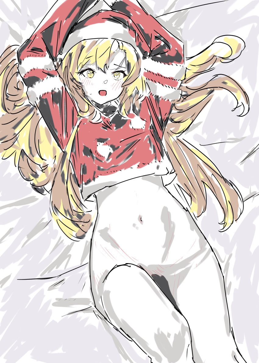 1girl absurdres blonde_hair bottomless convenient_censoring hat highres hinamatsu_(86089979) long_hair lying momijiyama_teru navel on_back on_bed santa_costume santa_hat shy_(series) solo very_long_hair yellow_eyes