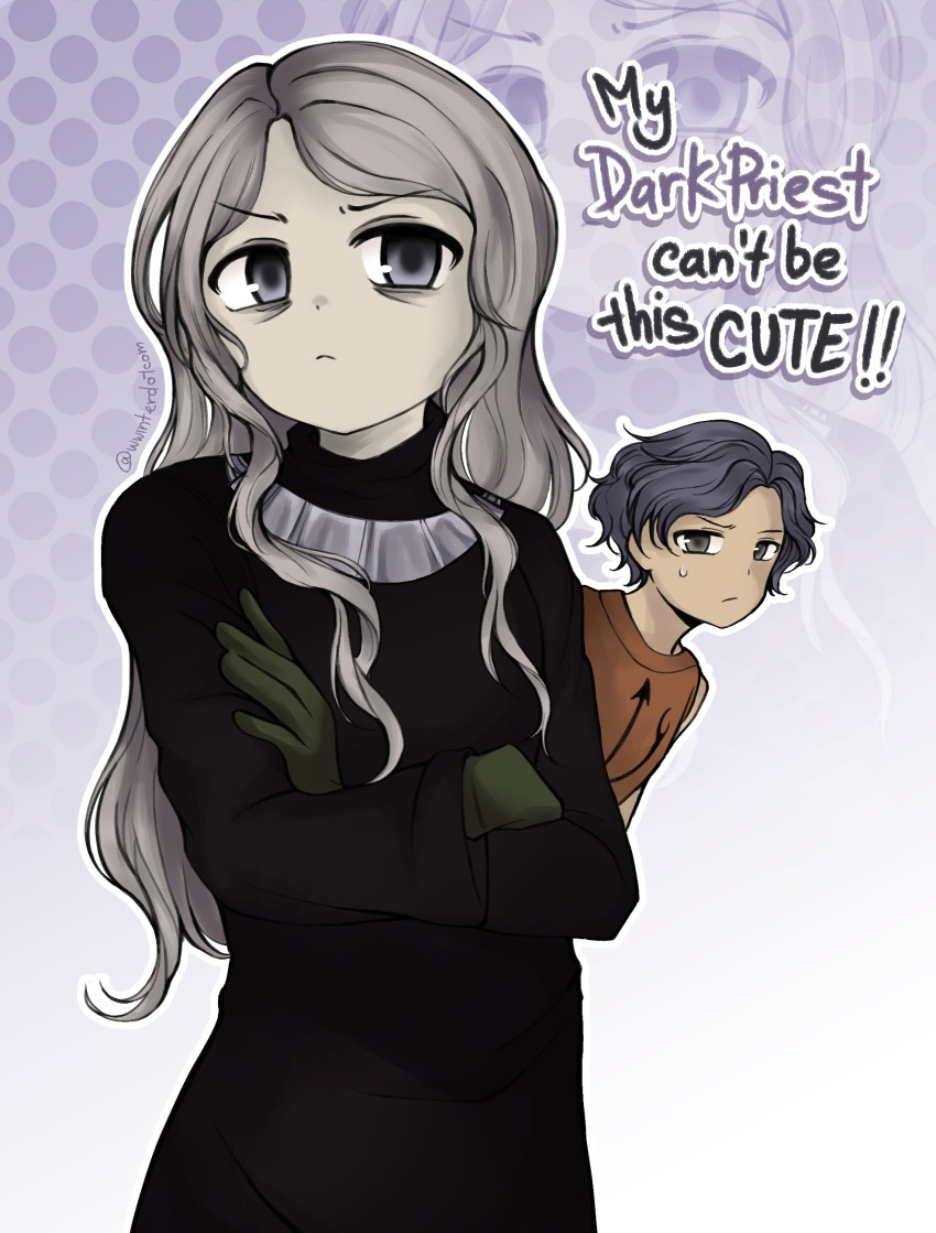 absurdres black_dress black_robe cahara_(fear_&amp;_hunger) can't_be_this_cute dress enki_(fear_&amp;_hunger) fear_&amp;_hunger genderswap gloves highres human_experiment_(wwinterdotcom) long_hair ore_no_imouto_ga_konna_ni_kawaii_wake_ga_nai robe short_hair sweater tank_top tsundere turtleneck turtleneck_sweater worried