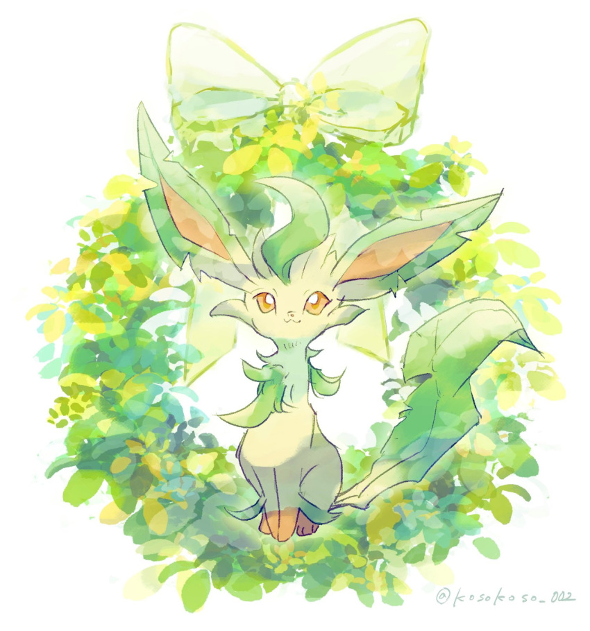 :3 all_fours animal_focus green_fur green_tail highres kosokoso_002 leafeon looking_at_viewer pokemon pokemon_(creature) smile solo twitter_username white_background wreath yellow_eyes