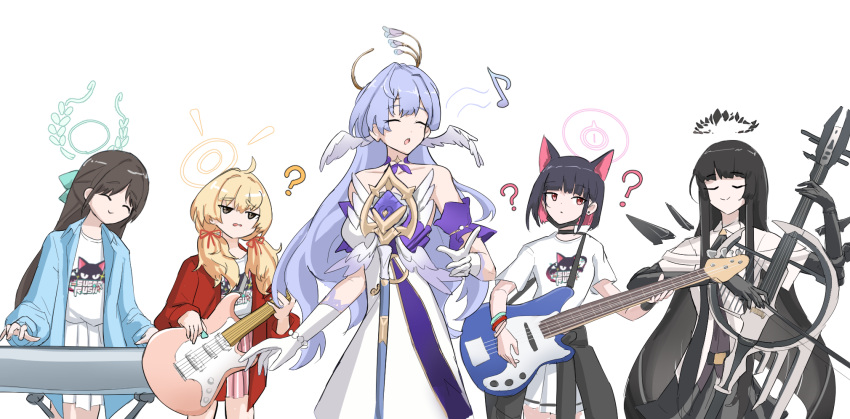 5girls ? ?? ^_^ airi_(band)_(blue_archive) airi_(blue_archive) animal_ears arknights bass_guitar black_choker black_eyes black_gloves black_hair black_jacket blonde_hair blue_archive blue_jacket blunt_bangs bob_cut bracelet broken_halo cat_ears choker closed_eyes clothes_around_waist collarbone colored_inner_hair commentary confused crossover detached_sleeves detached_wings elbow_gloves electric_guitar english_commentary extra_ears feathered_wings fender_jazz_bass fender_stratocaster gloves guitar hair_ribbon halo head_wings highres holding holding_instrument honkai:_star_rail honkai_(series) instrument jacket jacket_around_waist jewelry kazusa_(band)_(blue_archive) kazusa_(blue_archive) keyboard_(instrument) long_hair mask microphone microphone_stand mouth_mask multicolored_hair multiple_crossover multiple_girls music musical_note official_alternate_costume official_alternate_hairstyle open_clothes open_jacket parted_bangs playing_instrument print_shirt purple_hair red_eyes red_jacket ribbon robin_(honkai:_star_rail) shirt short_hair short_sleeves sidelocks simple_background singing skirt smile surgical_mask t-shirt toyyot tress_ribbon two-tone_hair virtuosa_(arknights) white_background white_gloves white_shirt white_skirt wings yoshimi_(band)_(blue_archive) yoshimi_(blue_archive)