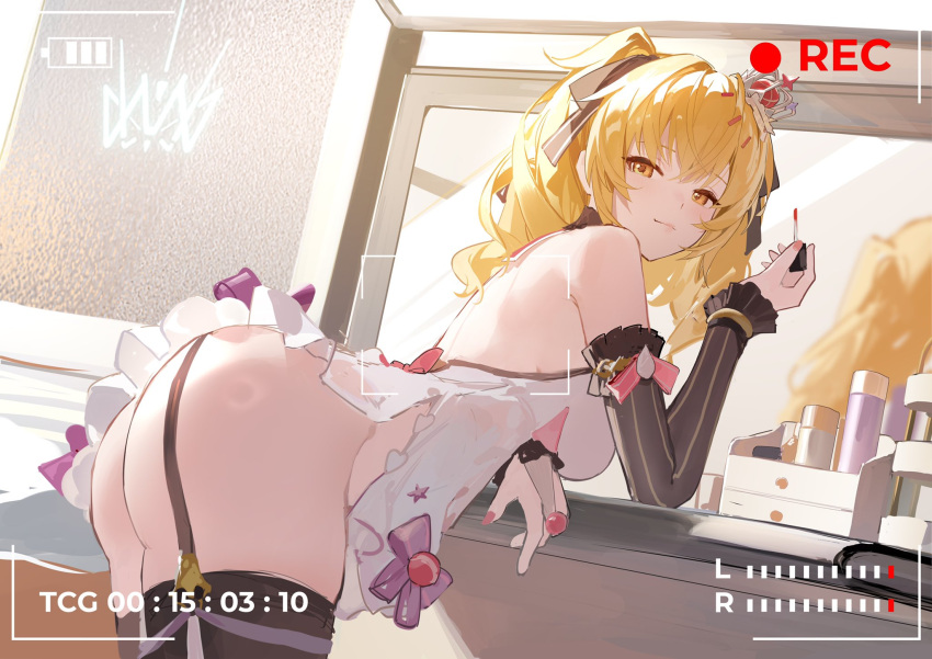 1girl ass babydoll bare_shoulders battery_indicator bent_over black_thighhighs blonde_hair breasts crown fenny_golden highres indoors jiu_ye_sang light_smile lipstick long_hair looking_at_viewer makeup medium_breasts mini_crown mirror nail_polish recording snowbreak:_containment_zone solo thighhighs timestamp twintails white_babydoll yellow_eyes