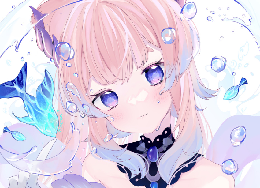 1girl blunt_bangs blush bubble choker closed_mouth colored_tips fish gen_arare genshin_impact gloves horns lace-trimmed_choker lace_trim multicolored_hair pink_hair purple_eyes purple_horns sangonomiya_kokomi sidelocks solo upper_body water white_background white_gloves