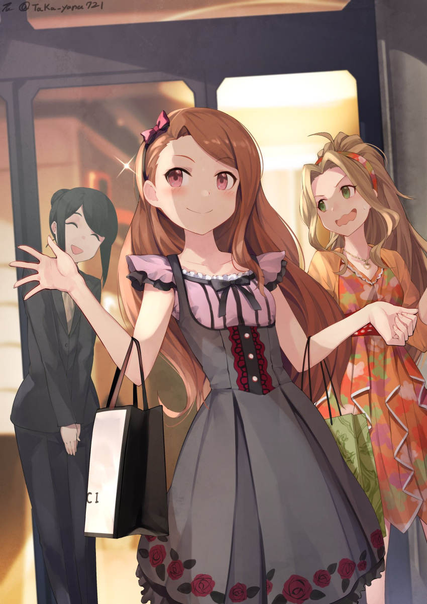 3girls ahoge asymmetrical_bangs bag blush breasts brown_hair closed_mouth collarbone curtained_hair dot_nose dress floral_print forehead framed_breasts frilled_dress frills green_eyes hair_ribbon highres idolmaster idolmaster_(classic) idolmaster_million_live! idolmaster_million_live!_theater_days jewelry looking_to_the_side medium_breasts minase_iori multiple_girls necklace nikaidou_chizuru open_mouth orange_shirt pink_ribbon ponytail red_eyes ribbon rose_print shirt shopping_bag short_sleeves sidelocks single_sidelock small_breasts sweat taka.yana twitter_username wavy_mouth