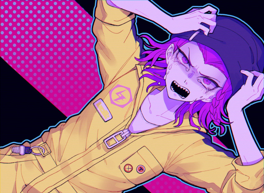 1boy black_hat bodysuit collarbone danganronpa_(series) danganronpa_2:_goodbye_despair hands_on_own_head hat male_focus medium_hair open_mouth pink_background polka_dot purple_eyes purple_hair sharp_teeth shirt soda_kazuichi solo tears teeth to_ma_(ye_e00) upper_body white_shirt yellow_bodysuit