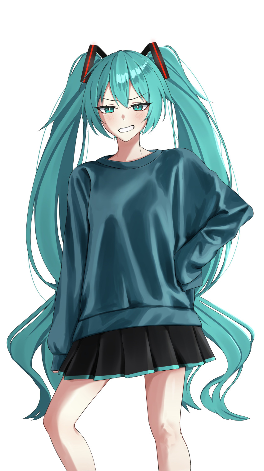 1girl absurdres aikuroalter aqua_eyes aqua_hair black_skirt blue_eyes blue_sweater blush hair_ornament hand_on_own_hip hashtag-only_commentary hatsune_miku highres long_hair long_sleeves looking_at_viewer open_mouth pleated_skirt simple_background skirt smile smirk solo standing straight-on sweater teeth twintails very_long_hair vocaloid white_background