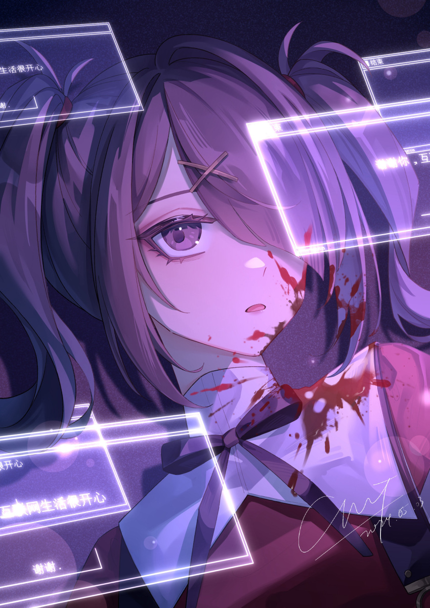 1girl absurdres ame-chan_(needy_girl_overdose) black_hair black_ribbon blood blood_on_clothes blood_on_face blood_splatter chen_hei_yan chinese_commentary collared_shirt commentary_request english_commentary glowing hair_ornament hair_over_one_eye highres holographic_interface long_hair looking_at_viewer mixed-language_commentary neck_ribbon needy_girl_overdose open_mouth purple_eyes red_shirt ribbon shirt signature solo twintails upper_body window_(computing) x_hair_ornament