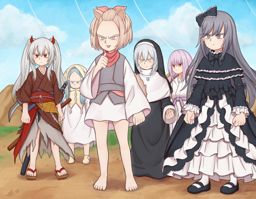 6+girls animal_ears ash_blossom_&amp;_joyous_spring atorie barefoot blue_hair blue_sky bow brown_eyes called_by_the_grave clenched_hands cloud crossover day demon_horns dog_ears dog_girl dog_tail dragon_ball dragon_ball_z dress duel_monster frown ghost_belle_&amp;_haunted_mansion ghost_mourner_&amp;_moonlit_chill ghost_ogre_&amp;_snow_rabbit ghost_reaper_&amp;_winter_cherries ghost_sister_&amp;_spooky_dogwood green_eyes grey_eyes grey_hair hair_bow highres hood horns japanese_clothes jewelry katana kimono light_brown_hair long_hair multiple_girls necklace nun outdoors pointing pointing_at_self purple_hair red_eyes sandals shoes short_hair sky sword tail toes tongue tongue_out toriyama_akira_(style) torn_clothes weapon yellow_eyes yu-gi-oh!