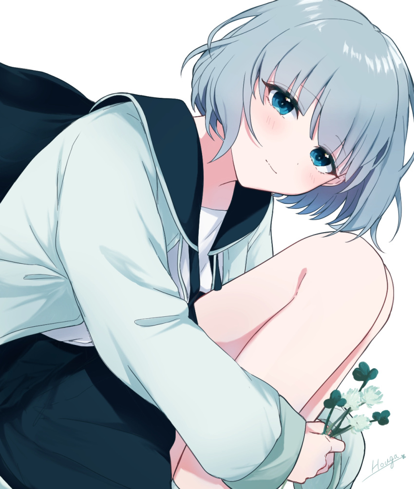 1girl aqua_pupils artist_name blue_eyes blue_hair blush commentary_request dot_nose drawstring dutch_angle eyeliner feet_out_of_frame flower highres holding holding_flower hood hood_down hooded_jacket houga_1710_sps jacket knees_up light_blue_hair light_blue_jacket light_smile looking_at_viewer makeup mascara open_clothes open_jacket rainfall_(tuyu) shirt signature simple_background sitting skirt solo tuyu_(band) white_background white_shirt