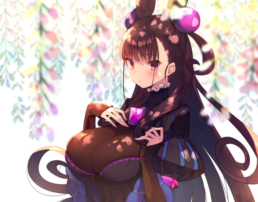 1girl black_dress blush breasts brown_hair closed_mouth commentary_request cone_hair_bun double_bun dress fate/grand_order fate_(series) flower frilled_shirt_collar frills hair_between_eyes hair_bun hair_ornament highres large_breasts long_hair looking_at_viewer murasaki_shikibu_(fate) murasaki_shikibu_(kimi_no_tame_nara_shineru) pink_flower puffy_sleeves red_eyes simple_background solo sunlight usamata very_long_hair