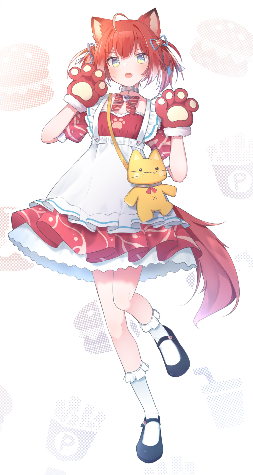 1girl absurdres akami_karubi animal_ears animal_hands ankle_socks apron black_footwear blush bow bowtie cat_ears cat_tail collar dress fang full_body gloves grey_collar hands_up highres indie_virtual_youtuber mary_janes name_tag open_mouth paw_gloves petticoat red_bow red_bowtie red_dress red_hair satoh_vrc shoes short_hair skin_fang slit_pupils small_sweatdrop socks solo stuffed_animal stuffed_cat stuffed_toy tail virtual_youtuber white_apron white_background white_socks yellow_eyes