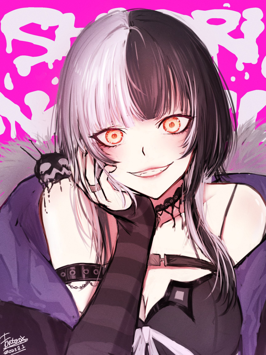 1girl arm_strap arm_warmers artist_name black_arm_warmers black_choker black_coat black_dress black_hair breast_strap breasts choker cleavage coat collarbone commentary crazy_smile dated dress english_commentary forutaro fur-trimmed_coat fur_trim gloves highres hololive jewelry lace-trimmed_choker lace_trim medium_breasts multicolored_hair off_shoulder pink_background red_eyes ring shiori_novella signature smile solo split-color_hair striped_arm_warmers upper_body virtual_youtuber white_hair