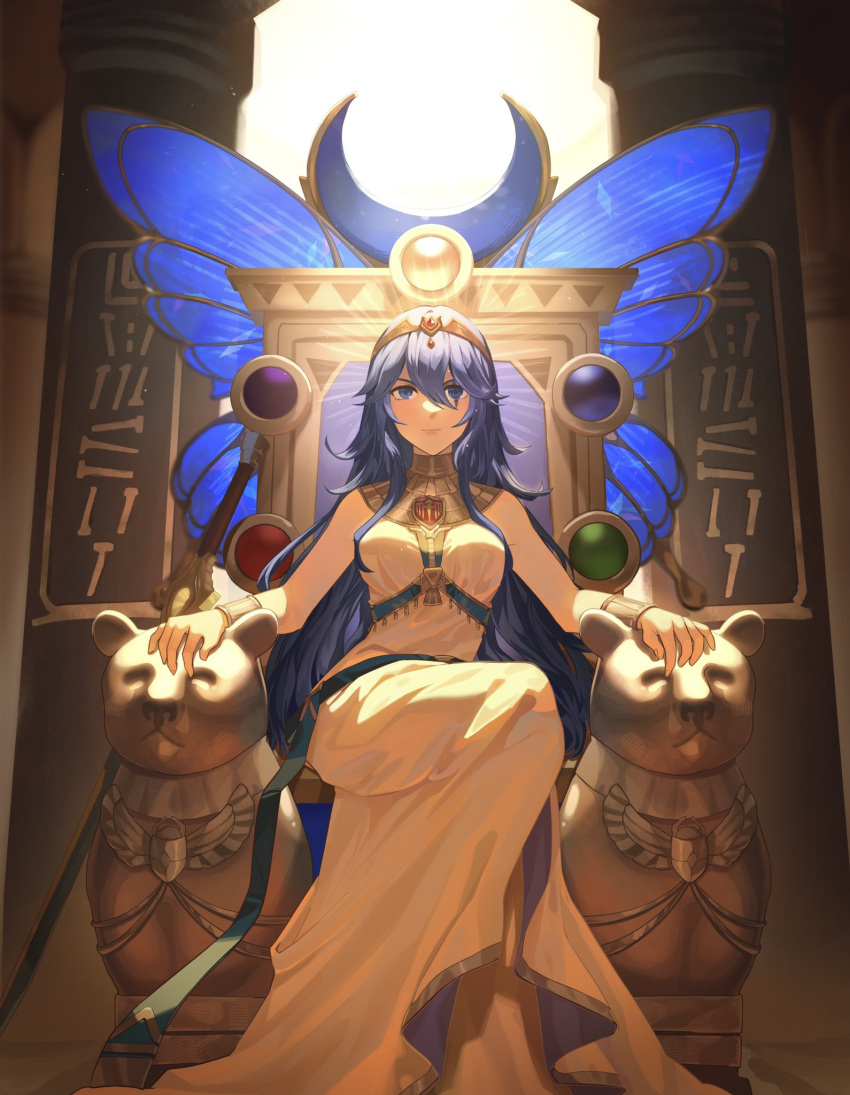 1girl alternate_costume bikini_boody blue_eyes blue_hair bracelet breasts closed_mouth commentary commission dress egyptian_clothes english_commentary fire_emblem fire_emblem_awakening gold_trim hair_between_eyes highres jewelry long_hair looking_at_viewer lucina_(fire_emblem) medium_breasts sitting sitting_on_throne sleeveless sleeveless_dress solo throne tiara usekh_collar white_dress