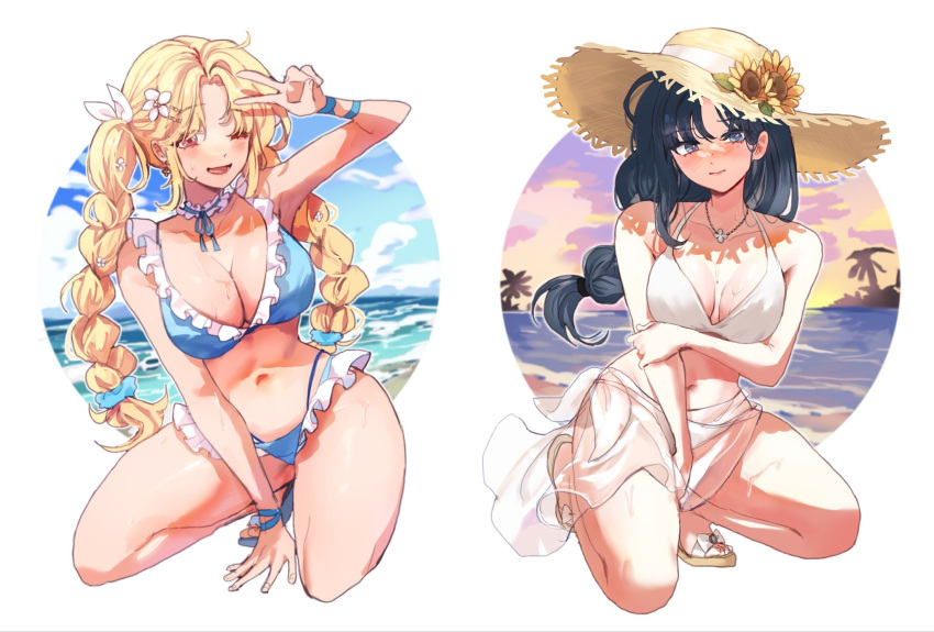 2girls arm_between_legs arm_support arm_under_breasts beach bikini black_hair blonde_hair blue_bikini blush braid breasts cleavage collarbone cowlick floating_hair flower frilled_bikini frills hair_flower hair_ornament hat hat_flower highres jewelry large_breasts long_hair looking_at_viewer lower_teeth_only mole mole_under_eye multiple_girls navel necklace nose_blush one_eye_closed open_mouth original parted_bangs red_eyes sandals sarong sarukana see-through_sarong single_braid squatting stomach straw_hat sunset swimsuit teeth twin_braids v wet white_background white_bikini