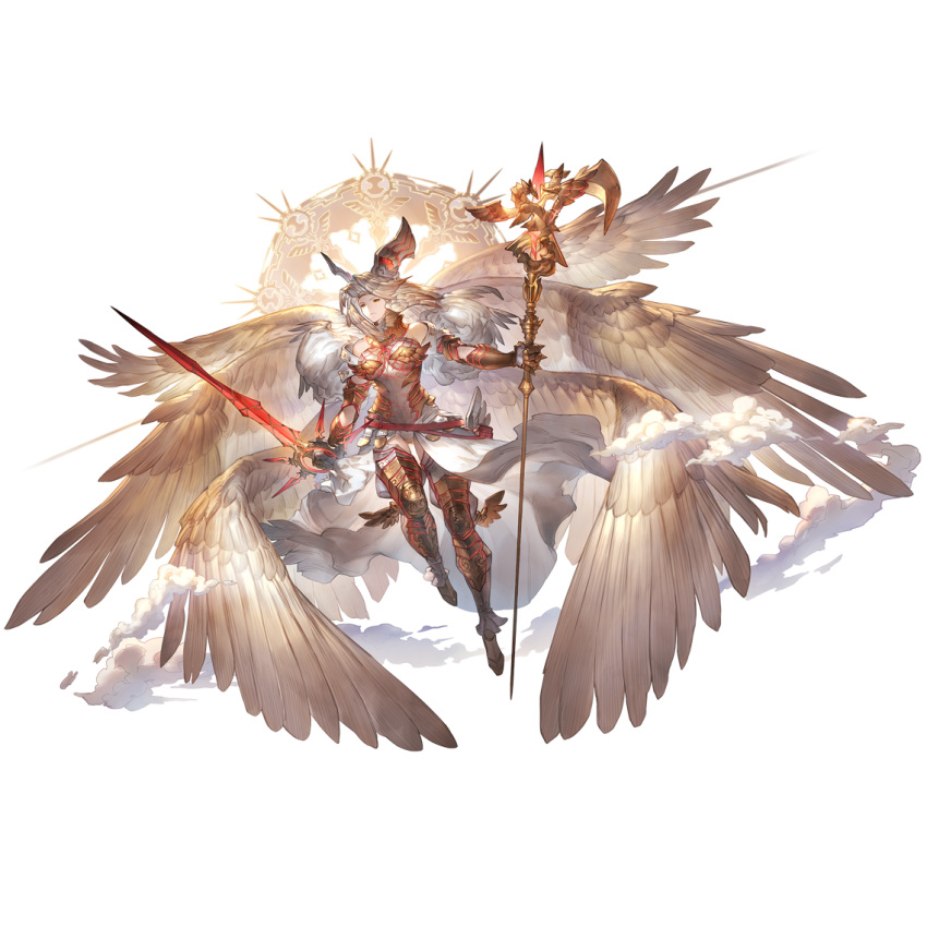 1girl armor bare_shoulders breasts full_body granblue_fantasy halberd halo halo_behind_head holding holding_polearm holding_sword holding_weapon leotard long_hair michael_(granblue_fantasy) minaba_hideo multiple_wings official_art polearm red_eyes solo sword third-party_source transparent_background weapon white_hair wings