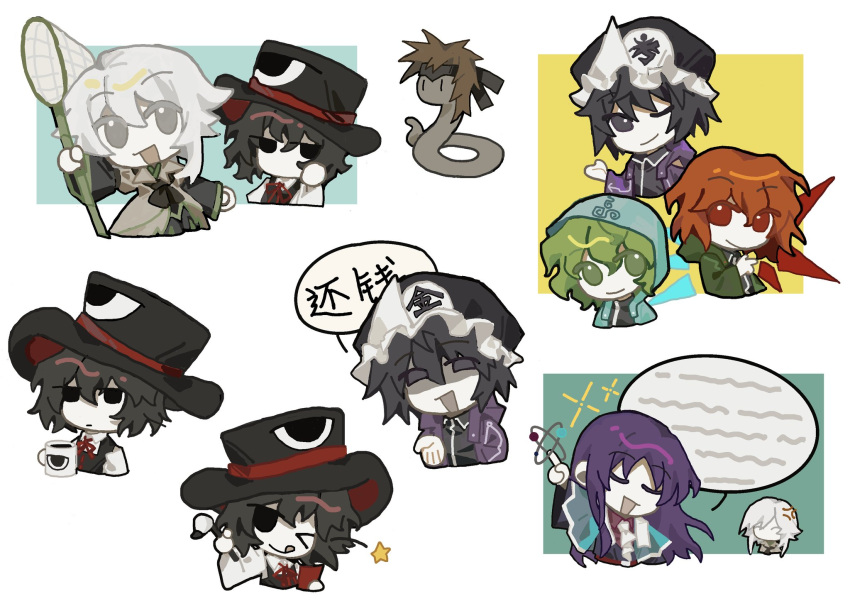 &gt;_o 6+others ;) aaayamitsu androgynous anger_vein animalization black_eyes black_hair black_hat black_shirt black_vest blue_capelet blue_jacket brown_coat butterfly_net calligraphy_brush capelet chibi chinese_text clause_(len'en) closed_eyes clothes_writing coat collared_shirt cosplay cup detached_sleeves enraku_tsubakura enraku_tsubakura_(cosplay) eye_of_senri green_eyes green_hair green_jacket green_trim grey_eyes hand_net hashtag-only_commentary hat highres holding holding_butterfly_net holding_cup hood hood_down hood_up hooded_jacket houlen_yabusame jacket kurohebi len'en long_hair long_sleeves medium_hair mob_cap mug multiple_others neck_ribbon no_mouth no_nose one_eye_closed open_clothes open_jacket open_mouth other_focus paintbrush pale_skin pink_shirt purple_hair purple_jacket red_eyes red_hair red_ribbon ribbon senri_tsurubami shirt shitodo_aoji shitodo_hooaka shitodo_kuroji smile snake speech_bubble tehepero tongue tongue_out translation_request triangular_headpiece two-sided_fabric two-sided_headwear vest white_hair white_shirt wide_sleeves