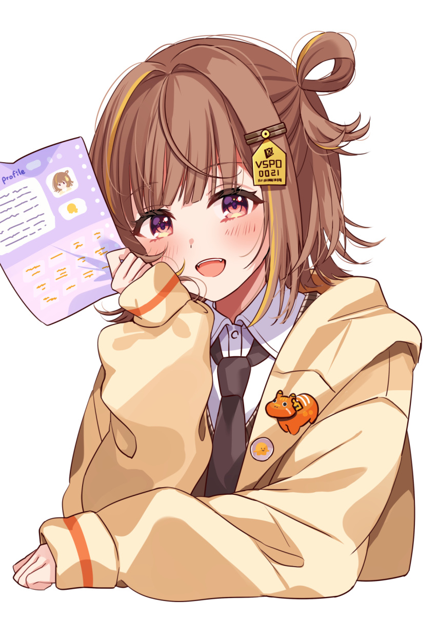 1girl :d badge black_necktie blonde_hair blush brown_hair button_badge collared_shirt cropped_torso dot_nose fujishiro_kokoa hand_on_own_cheek hand_on_own_face head_rest highres holding holding_paper hood hood_down hooded_jacket jacket long_sleeves looking_at_viewer medium_hair multicolored_hair necktie open_mouth paper purple_eyes school_uniform sendo_yuuhi shirt simple_background single_hair_ring sleeve_cuffs smile solo streaked_hair teeth transparent_background upper_teeth_only virtual_youtuber vspo! white_background white_shirt yellow_jacket