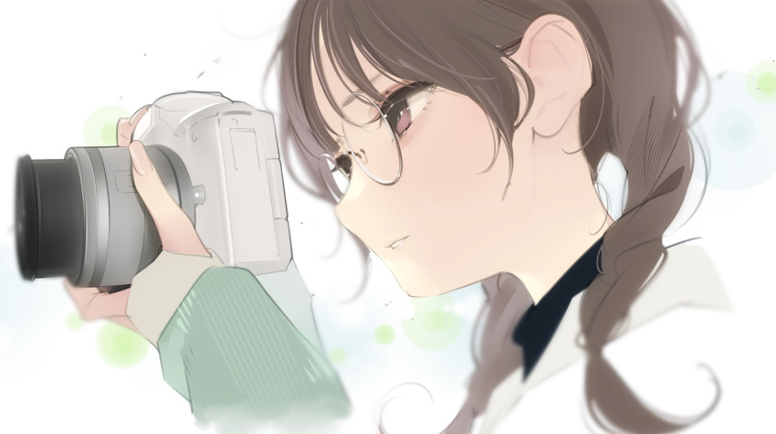 1girl ama_mitsuki braid brown_eyes brown_hair camera glasses highres holding holding_camera medium_hair original round_eyewear simple_background solo twin_braids white_background