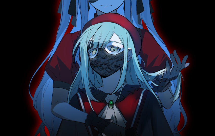 2girls ascot baiyubyy bang_dream! bang_dream!_it's_mygo!!!!! black_background black_gloves black_ribbon blue_hair closed_mouth commentary gloves green_brooch green_hair hair_ribbon hashtag-only_commentary highres holding_another's_hair long_hair looking_at_viewer mask masquerade_mask multiple_girls puffy_short_sleeves puffy_sleeves red_shirt ribbon shirt short_sleeves sidelocks togawa_sakiko two_side_up wakaba_mutsumi white_ascot yellow_eyes