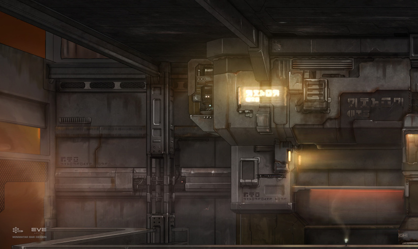 artist_name bar_(place) brown_theme commentary company_name concept_art copyright_name counter eve_online georg_hilmarsson glowing highres indoors logo minmatar_republic_(eve_online) no_humans official_art realistic rust science_fiction smoke spacecraft_interior