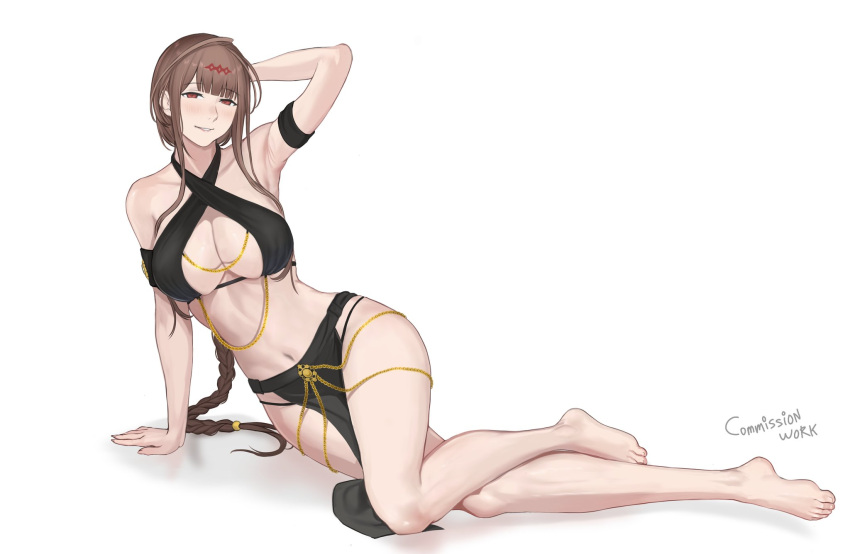 1girl ahoge arm_behind_head armpits braid braided_ponytail breasts brown_eyes brown_hair chain commission dsr-50_(girls'_frontline) fingernails full_body girls'_frontline gold_chain highres large_breasts long_hair meme_attire navel parted_lips seilindekos smile solo toenails