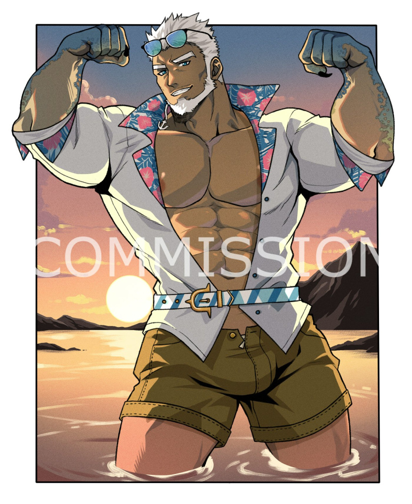 1boy abs aegir_(housamo) anchor_earrings bara beard belt blue_eyes brown_shorts bulge commission cowboy_shot earrings eyewear_on_head facial_hair fingernails flexing full_beard highres jewelry kollyanna large_pectorals looking_at_viewer male_focus muscular muscular_male mustache_stubble nipple_slip nipples ocean open_clothes open_shirt pectorals scales sharp_fingernails shirt short_hair shorts single_earring smile solo stubble sunset thick_eyebrows tokyo_afterschool_summoners watermark white_hair white_shirt