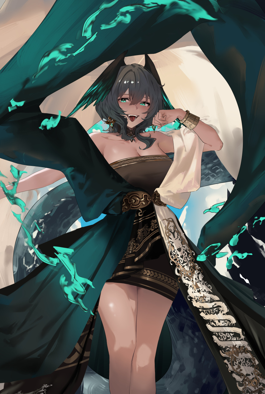 1girl :d absurdres aqua_eyes arknights bare_shoulders black_dress bracelet commentary dress feet_out_of_frame grey_hair head_wings highres ho'olheyak_(arknights) ho'olheyak_(carriage_of_the_winds_of_time)_(arknights) jewelry looking_at_viewer open_mouth short_hair smile solo standing strapless strapless_dress wings xiaobei