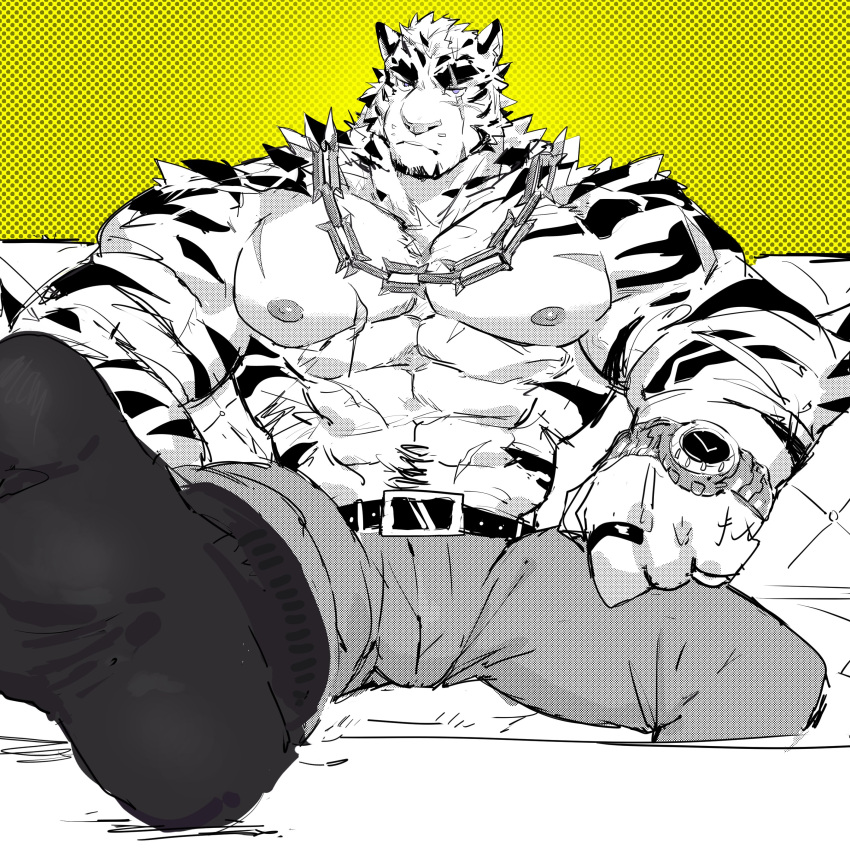 1boy abs absurdres animal_ears arknights bara belt chain_necklace chinese_commentary commentary cross_scar feet_on_table foot_up furry furry_male greyscale_with_colored_background halftone halftone_background halftone_texture highres jewelry looking_at_viewer male_focus mountain_(arknights) multiple_scars muscular muscular_male necklace nipples pants partially_colored pectorals run_(arun_six) scar scar_across_eye scar_on_arm scar_on_cheek scar_on_chest scar_on_face scar_on_stomach socks tiger_boy tiger_ears tiger_stripes topless_male watch wristwatch