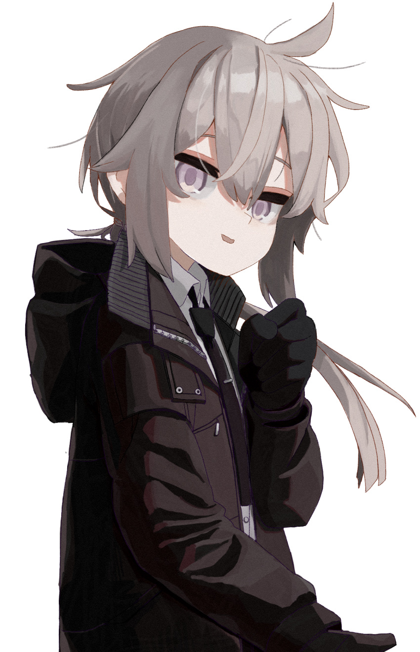 1girl ahoge black_gloves black_jacket black_necktie collared_shirt girls'_frontline gloves grey_eyes grey_hair hair_between_eyes hand_up highres hood hooded_jacket jacket long_hair looking_at_viewer m200_(girls'_frontline) messy_hair meta0614 necktie open_mouth ponytail shirt simple_background solo upper_body white_background white_shirt