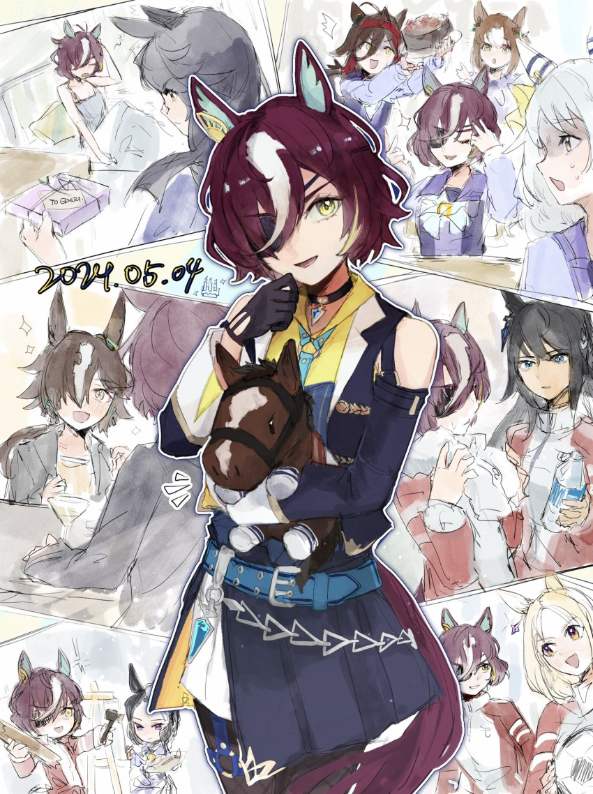 6+girls :d animal_ears az_(azkin_g) ball bare_shoulders birthday black_gloves black_hair black_jacket blonde_hair blue_eyes broken_fence brown_eyes brown_hair cake creature_and_personification dark-skinned_female dark_skin dated doll ear_covers earrings eyepatch fine_motion_(umamusume) food gloves green_eyes grey_hair hachimaki hair_between_eyes hair_over_one_eye hammer headband highres hishi_miracle_(umamusume) holding holding_ball holding_cake holding_doll holding_food holding_hammer holding_palette horse_ears horse_girl jacket jewelry long_hair long_sleeves low_ponytail mejiro_ramonu_(umamusume) multicolored_hair multiple_girls narita_brian_(umamusume) narita_top_road_(umamusume) no_reason_(umamusume) palette_(object) pants ponytail purple_hair red_headband short_hair single_ear_cover single_earring smile soccer_ball solo_focus sparkle streaked_hair stuffed_animal stuffed_horse stuffed_toy symboli_kris_s_(umamusume) tanino_gimlet_(racehorse) tanino_gimlet_(umamusume) tracen_training_uniform track_jacket track_pants umamusume vodka_(umamusume) white_hair yellow_eyes