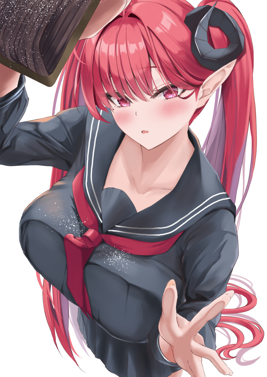 1girl absurdres azur_lane black_horns black_sailor_collar black_serafuku black_shirt black_skirt blush breast_press breasts collarbone commentary cosplay curled_horns demon_girl demon_horns formidable_(azur_lane) formidable_(azur_lane)_(cosplay) formidable_(the_lover's_heart_flutters_on_duty)_(azur_lane) highres hindenburg_(azur_lane) horns large_breasts long_hair looking_at_viewer pointy_ears red_eyes red_hair sailor_collar school_uniform serafuku shirt simple_background skirt solo spekkio36 symbol-only_commentary twintails very_long_hair white_background