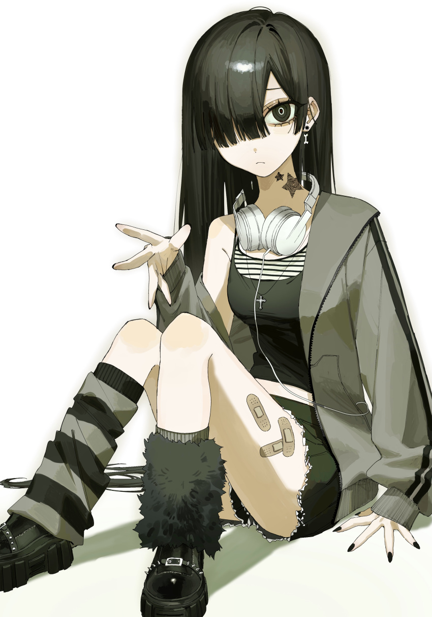 1girl 6kal_a absurdres bandaid bandaid_on_leg black_eyes black_hair black_nails blunt_bangs boots earrings hair_over_one_eye headphones headphones_around_neck highres jacket jewelry long_hair looking_at_viewer loose_socks off_shoulder original shorts sitting sleeves_past_wrists socks solo tank_top tattoo