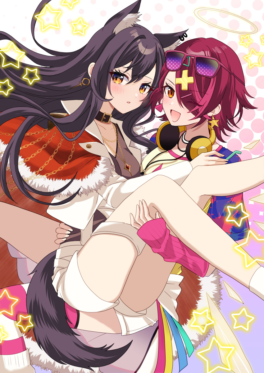 2girls ;d absurdres alternate_costume animal_ear_fluff animal_ear_piercing animal_ears arknights arm_warmers belt belt_buckle belt_collar black_belt black_collar blush buckle capelet carrying carrying_person chain chain_necklace chiwa_(chiwawanwan1206) collar colorful commentary_request detached_wings earrings exusiai_(arknights) eyes_visible_through_hair eyewear_on_head fingernails floating_hair fur-trimmed_capelet fur_trim gold_chain grey_halo hair_ornament hair_over_one_eye hairclip halftone halftone_background halo hand_on_another's_leg hand_on_another's_shoulder hand_on_another's_waist headphones headphones_around_neck heads_together highres jacket jewelry lapels long_hair long_sleeves looking_at_viewer multiple_girls necklace one_eye_closed open_clothes open_jacket open_mouth orange_eyes parted_lips pink-tinted_eyewear pink_arm_warmers pink_hair purple-tinted_eyewear purple_hair purple_tail red_capelet short_hair short_sleeves shorts smile star_(symbol) star_earrings sunglasses tail texas_(arknights) thighlet tinted_eyewear white_jacket white_shorts wings wolf_ears wolf_girl wolf_tail x_hair_ornament yellow_eyes yuri