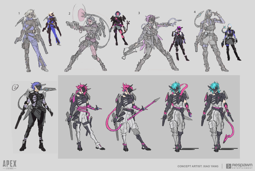 1girl alter_(apex_legends) apex_legends black_gloves blue_bodysuit bodysuit concept_art copyright_name crossbow dual_wielding english_commentary finger_gun finger_gun_to_head gloves grey_bodysuit grey_hair grey_pants gun head_tilt highres holding holding_crossbow holding_gun holding_polearm holding_weapon logo mechanical_tentacles multiple_views official_art pants pink_hair polearm production_art prototype_design purple_hair respawn_entertainment sketch spear walking weapon yang_niangniang