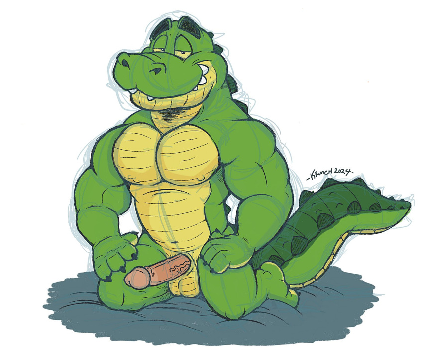 2024 anthro balls biceps crocodile crocodilian crocodylid deltoids erection genitals grin grinning_at_viewer hand_on_hip hi_res kneeling krunchycroc looking_at_viewer male manly muscular navel nipples pecs penis reptile scalie simple_background smile solo toothy_grin triceps vein veiny_penis white_background