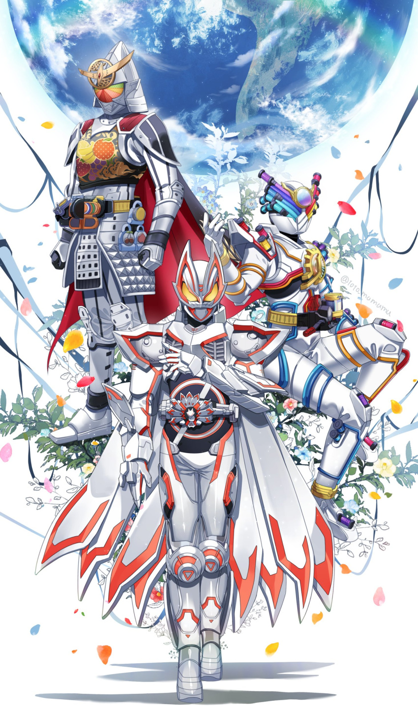 1010_mumumu 3boys absurdres armor bodysuit clenched_hands color_connection desire_driver earth_(planet) flower fox_mask fruit_print highres kamen_rider kamen_rider_build kamen_rider_build_(series) kamen_rider_gaim kamen_rider_gaim_(kiwami_arms) kamen_rider_gaim_(series) kamen_rider_geats kamen_rider_geats_(series) kamen_rider_geats_ix mask multiple_boys planet power_armor rider_belt sengoku_driver trait_connection tube twitter_username white_bodysuit