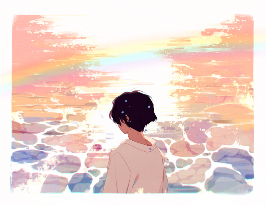 1boy black_hair blue_flower border flower from_behind jauni_(tofublock) non-web_source original outdoors pastel_colors pink_theme rainbow scenery shirt short_hair water white_border white_shirt